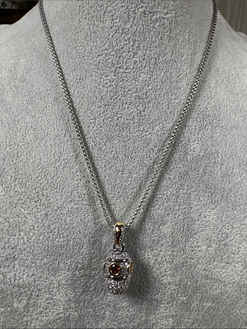 Stainless Steel Acorn Pendant Necklace with Red, Green & Yellow Stone Accent